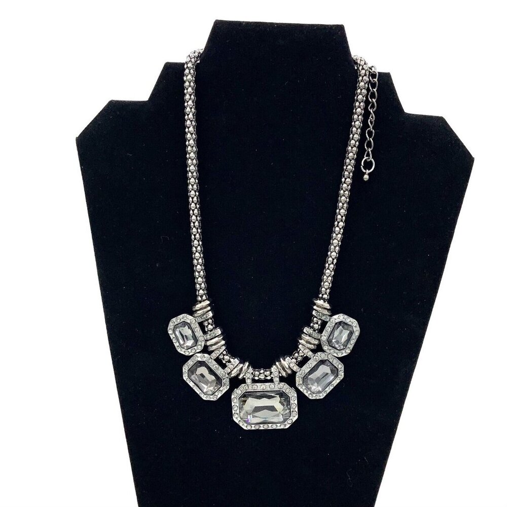 Vintage Gray Black Statement necklace Faux Diamonds Glass Ring Adjustable 18-21”
